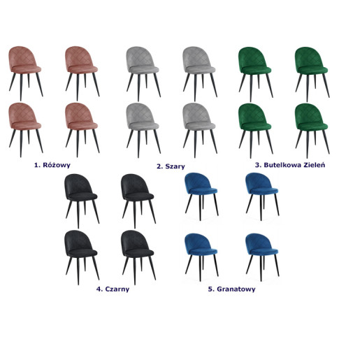 Kolory kompletu 4 welurowych krzeseł Eferos 4X