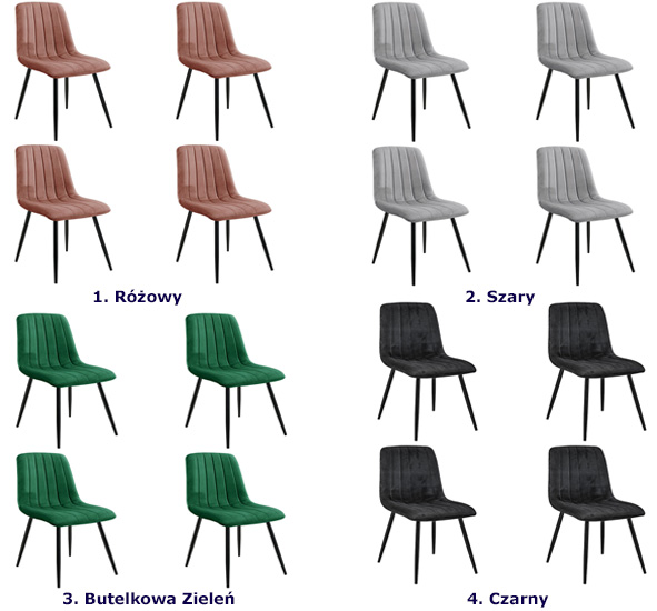 Kolory welurowego zestawu krzeseł Soniro 4X