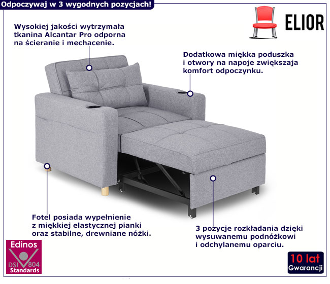 Szary fotel wypoczynkowy z funkcja spania Adens