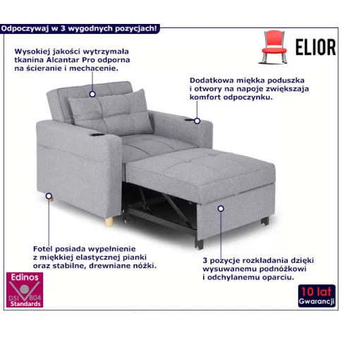 Szary fotel z funkcą spania hefos