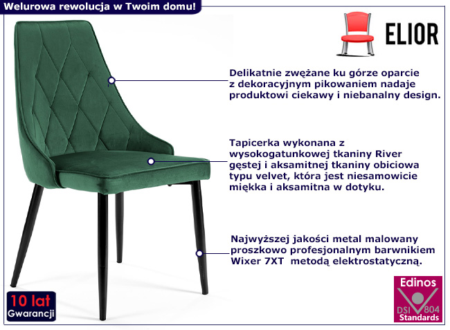Welurowe krzesło z kompletu Sageri 4X butelkowa zieleń