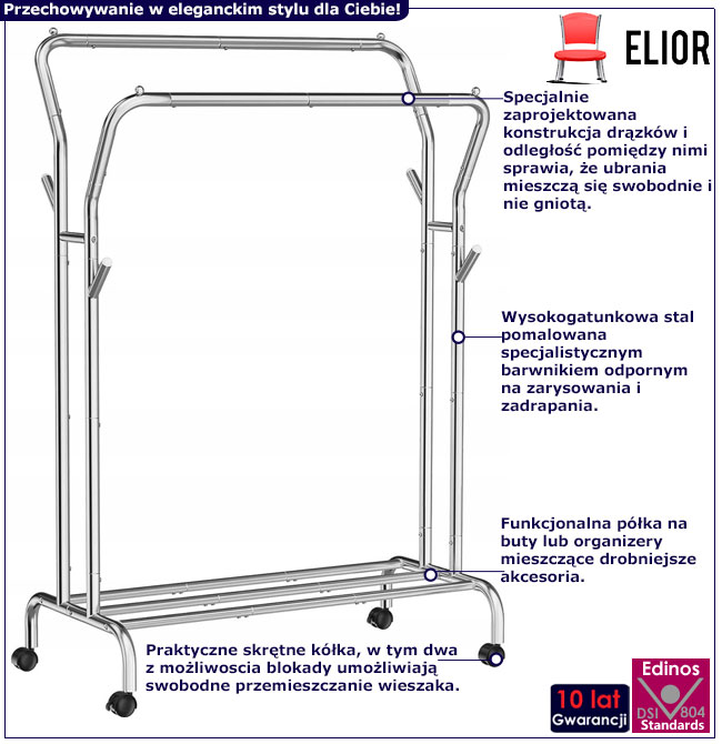 Infografika srebrnego mobilnego wieszaka na ubrania Neil