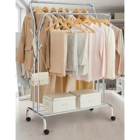 Srebrny metalowy wieszak stojak na ubrania na kółkach   Neil