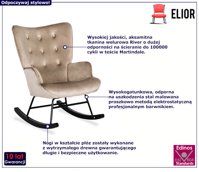 Beżowy fotel wypoczynkowy bujany welurowy Dinn