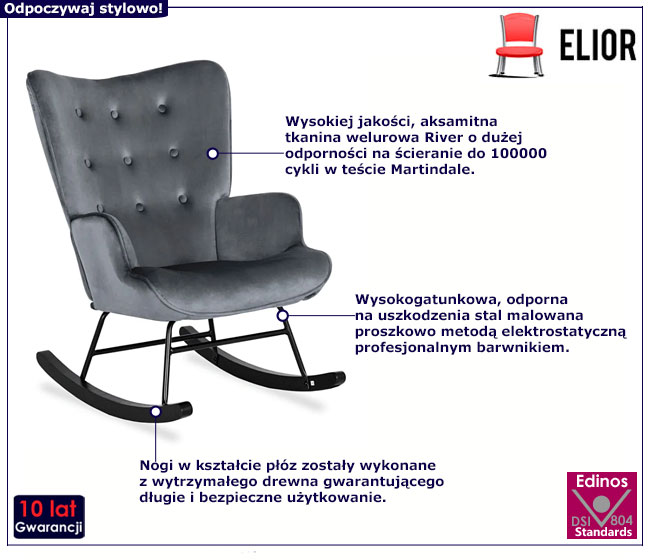 Szary fotel wypoczynkowy bujany welurowy Dinn