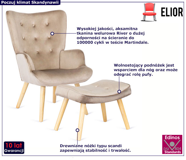 Beżowy fotel skandynawski z podnóżkiem Nerra