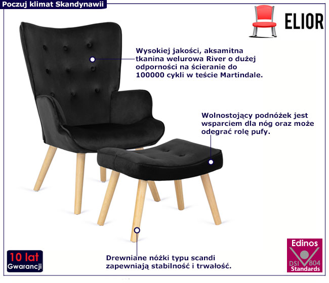 Czarny fotel skandynawski z podnóżkiem Nerra