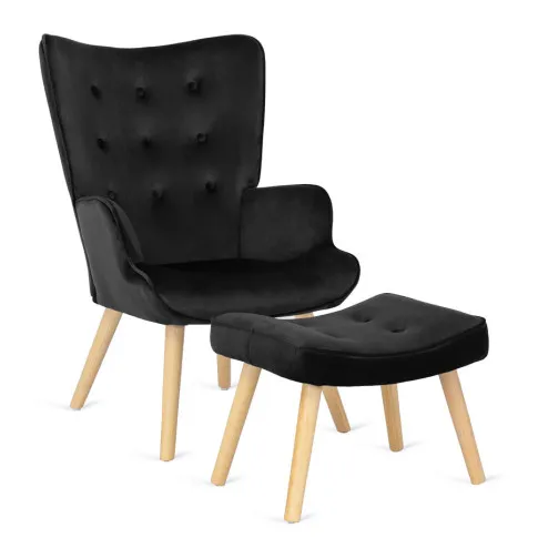 Czarny skandynawski fotel z podnóżkiem Eslo