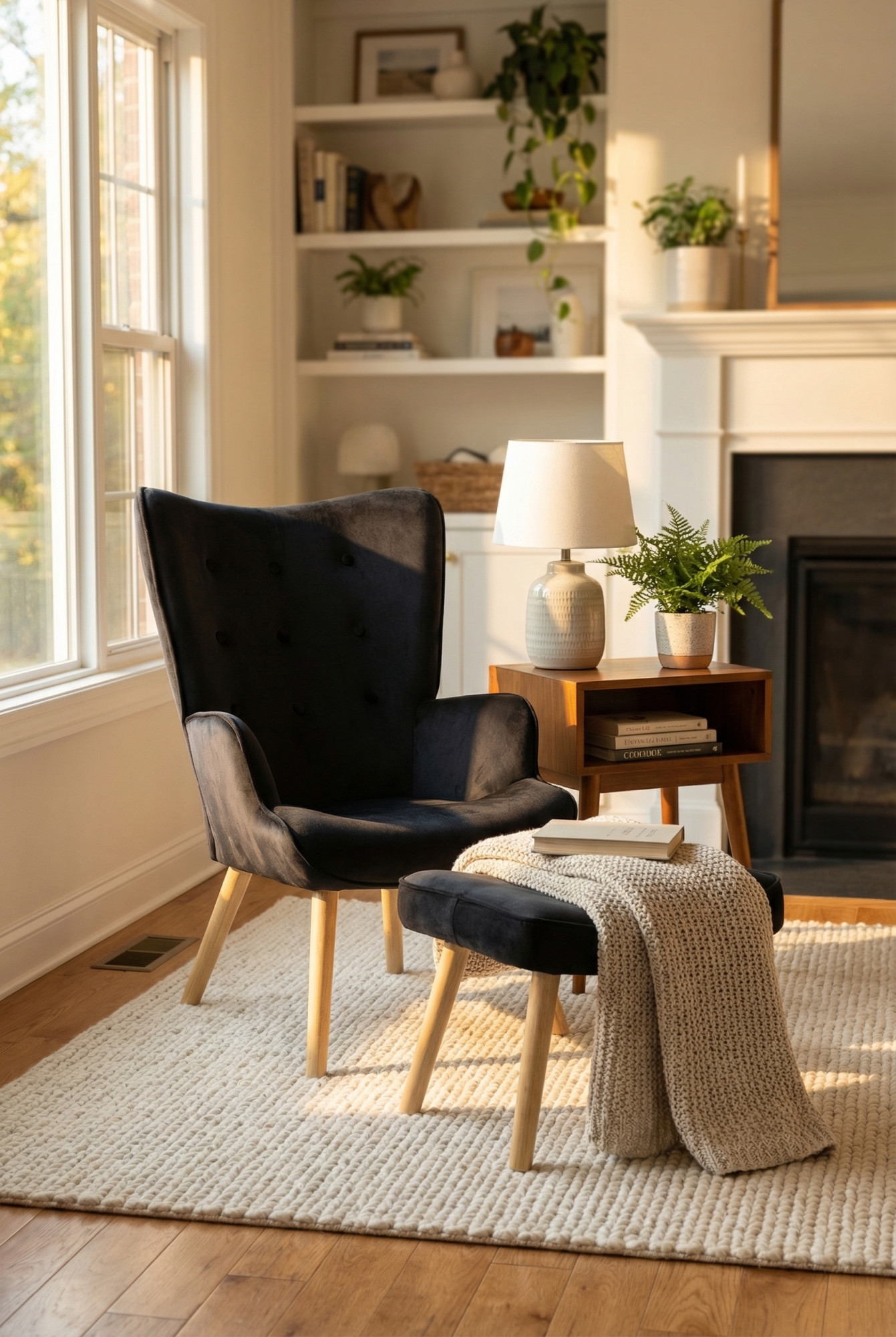 Prezentacja salonu z czarnym fotelem z podnóżkiem Nerra