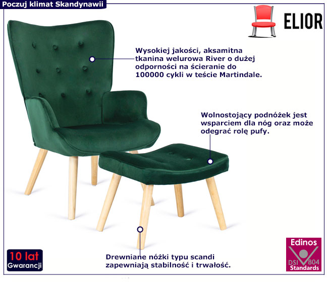 Zielony fotel skandynawski z podnóżkiem Eslo