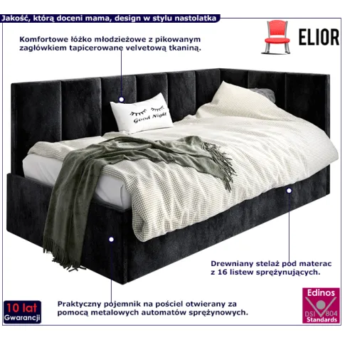 Fotografia Tapicerowane czarne łóżko młodzieżowe 100x200 - Golones 4X z kategorii Łóżka młodzieżowe