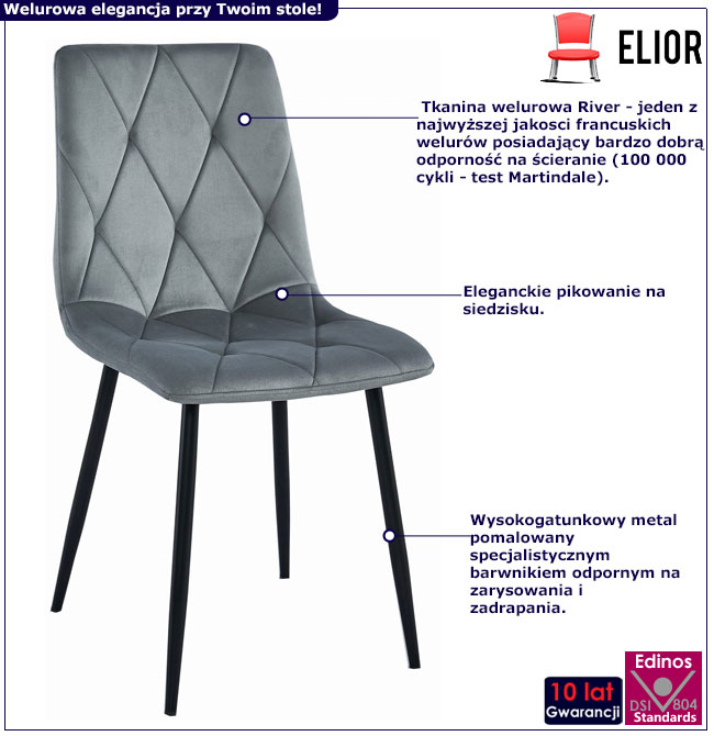 Infografika szarego krzesła welurowego pikowanego Elsa