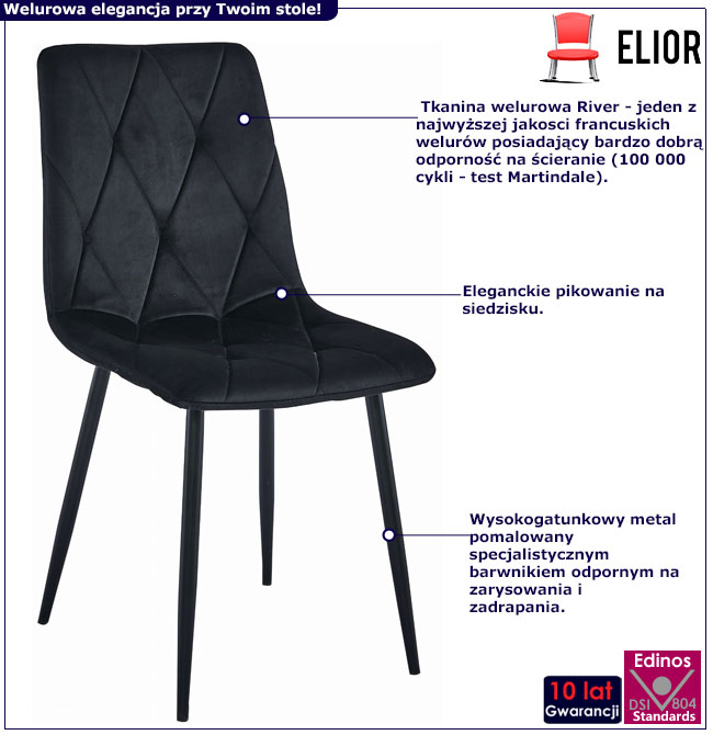 Infografika czarnego krzesła welurowego pikowanego Rexon