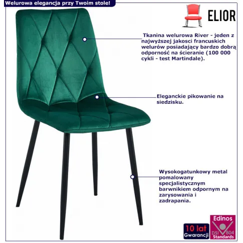 Infografika zielonego metalowego krzesła tapicerowanego Ukis