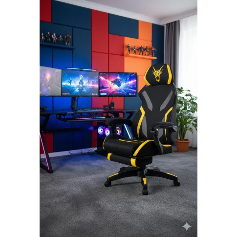 Czarno żółty fotel gamingowy z podnóżkiem   Talbin