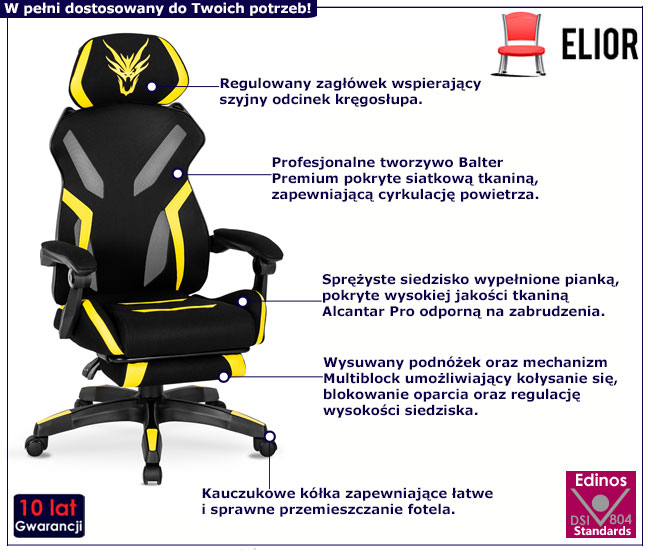 Czarno-żółty fotel obrotowy gamingowy z podnóżkiem Olfi