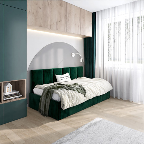 aranżacja z zielonym tapicerowanym łóżkiem sofą Barnet 7X