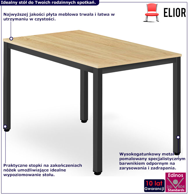Infografika dębowego stoły na czarnych metalowych nogach Gavina