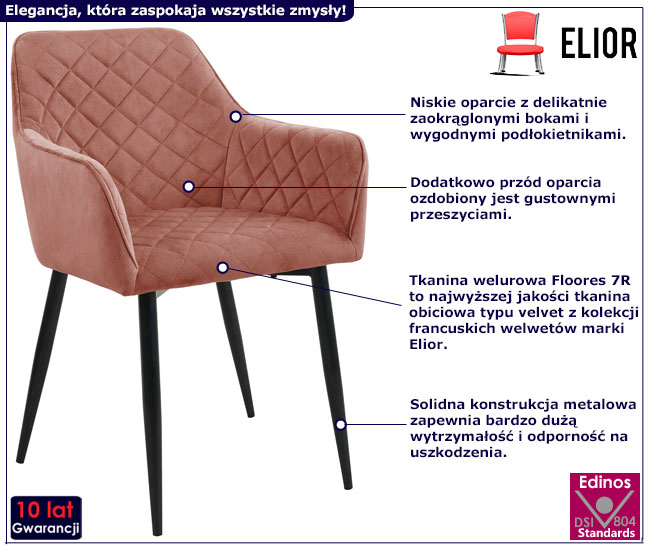 Welurowe krzesło z kompletu Cejlon kolor różowy