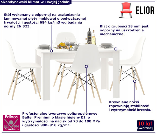 Biały prostokątny stół z krzesłami skandynawskimi Etos