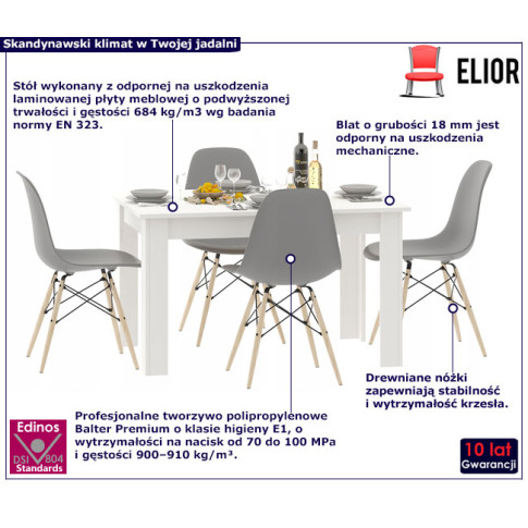 Biały stół z czterema szarymi krzesłami do jadalni Etos