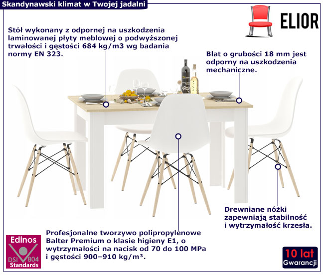 Skandynawski biały stół z blatem sonoma i 4 białe krzesła Etos
