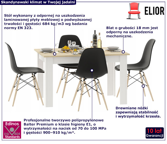 Prostokątny stół i cztery czarne krzesła w stylu skandynawskim Etos