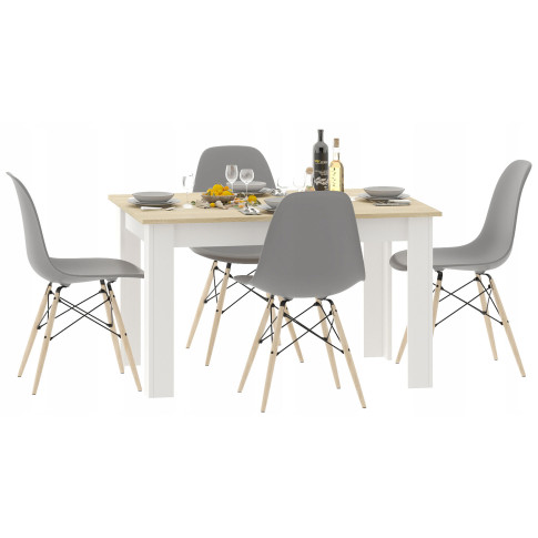 Minimalistyczny prostokątny stół i cztery szare krzesła Etos
