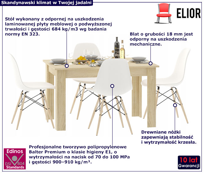 Stół dąb sonoma i 4 białe skandynawskie krzesła Etos