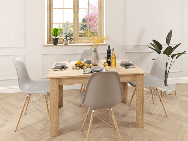 Nowoczesny prostokątny stół sonoma i cztery białe skandynawskie krzesła Etos