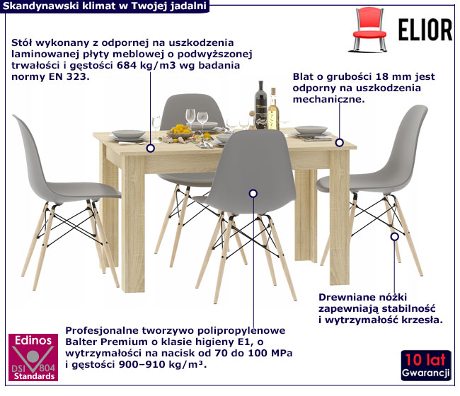 Stół dąb sonoma i 4 szare krzesła na drewnianych nóżkach Etos