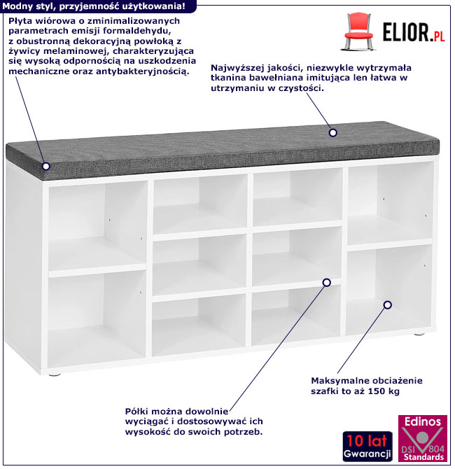 Biała skandynawska szafka na buty z siedziskiem Caserta