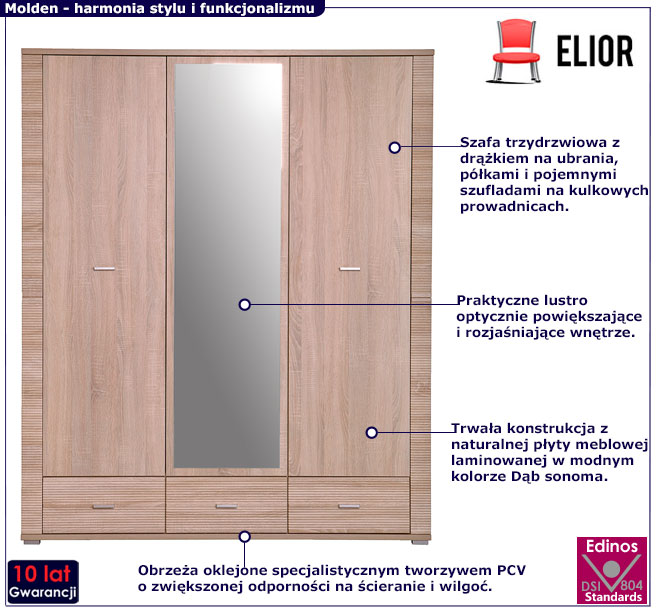 Trzydrzwiowa szafa z lustrem dąb sonoma Molden 16X