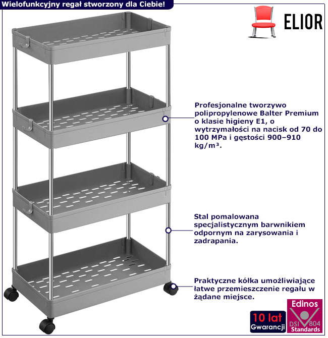 Szary regał na kółkach z 4 półkami Zonex 4X