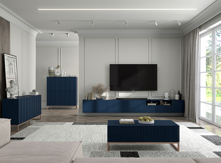 Aranżacja z wykorzystaniem zestawu granatowych mebli z serii Irving