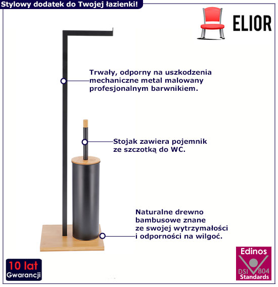 Czarny stojak na papier do łazienki ze szczotką WC Sangar