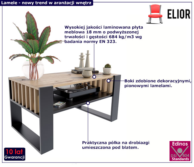 Ława kawowa z lamelami do salonu czarny + artisan Enya 4X