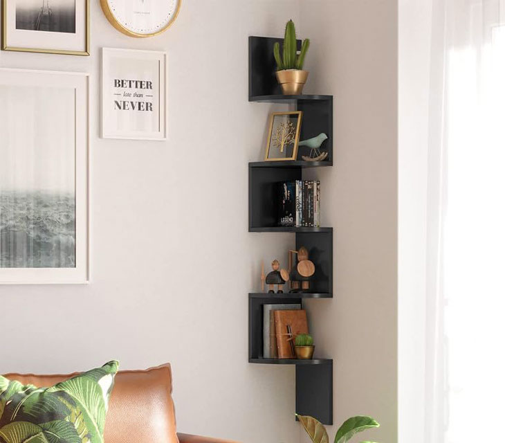 Wnętrze z wykorzystaniem czarnej półki narożnej Goldora