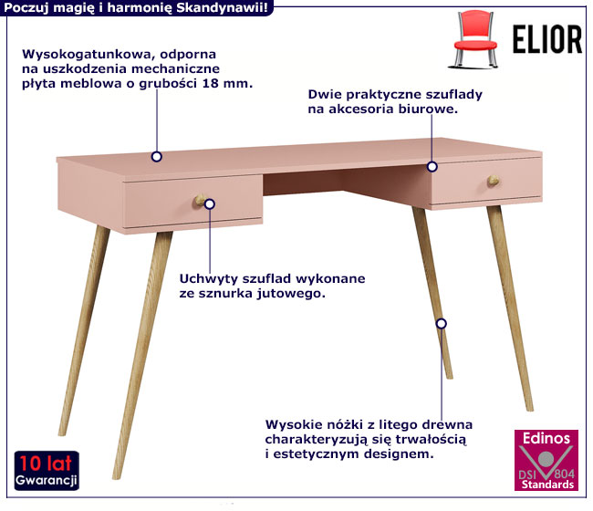 Różowe skandynawskie biurko z szufladami Tida 13X