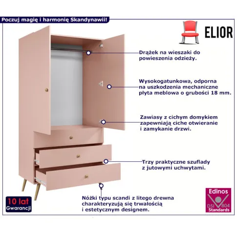 Różowa skandynawska szafa z szufladami Tida 14X