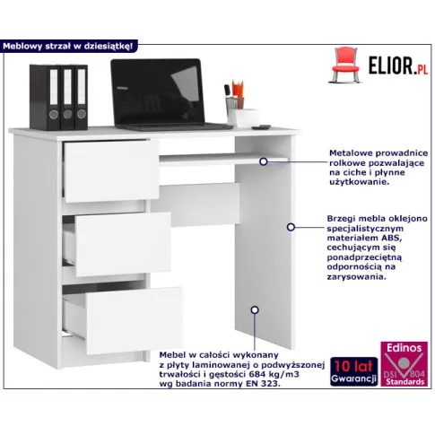 Fotografia Białe biurko dziecięce, młodzieżowe, z 3 szufladami - Berula 3X z kategorii Biurka młodzieżowe