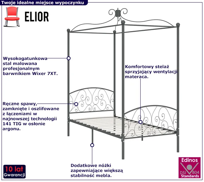 Szare metalowe łóżko z baldachimem Orfes