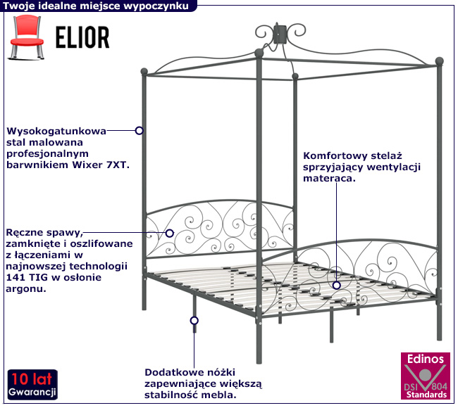 Szare metalowe łóżko z baldachimem Orfes