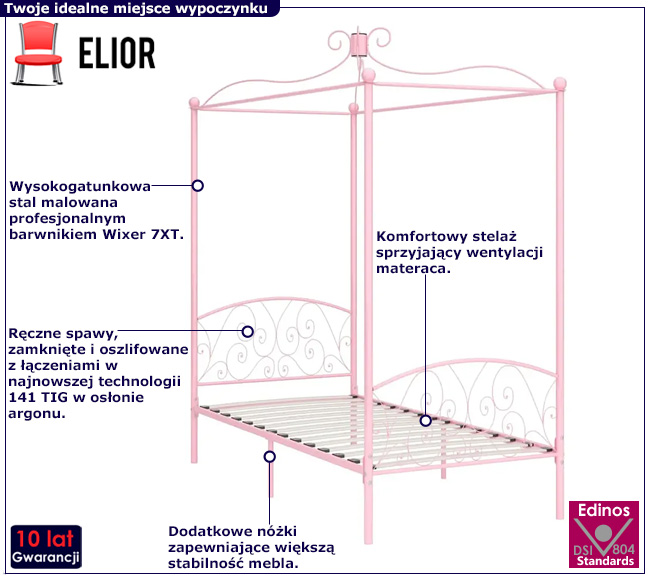 Różowe metalowe łóżko z baldachimem Orfes