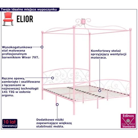 Różowe metalowe łóżko z baldachimem Orfes