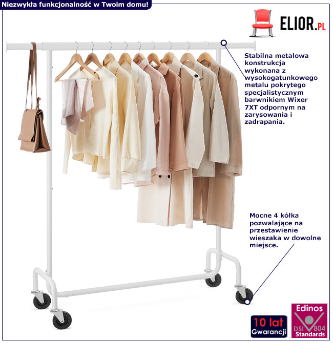 Biały metalowy stojak na kółkach na ubrania Seleno