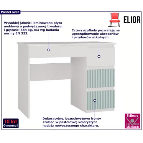 Biało-miętowe biurko dla dzieci z szufladami  Arsa 3X