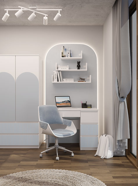 Biało-niebieskie biurko dla dziewczynki z lamelami Bano 3X