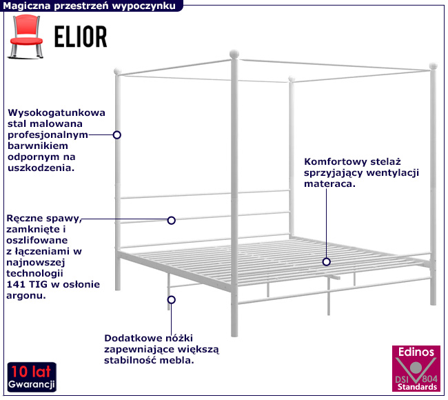 Białe duże metalowe łóżko z baldachimem Wertes