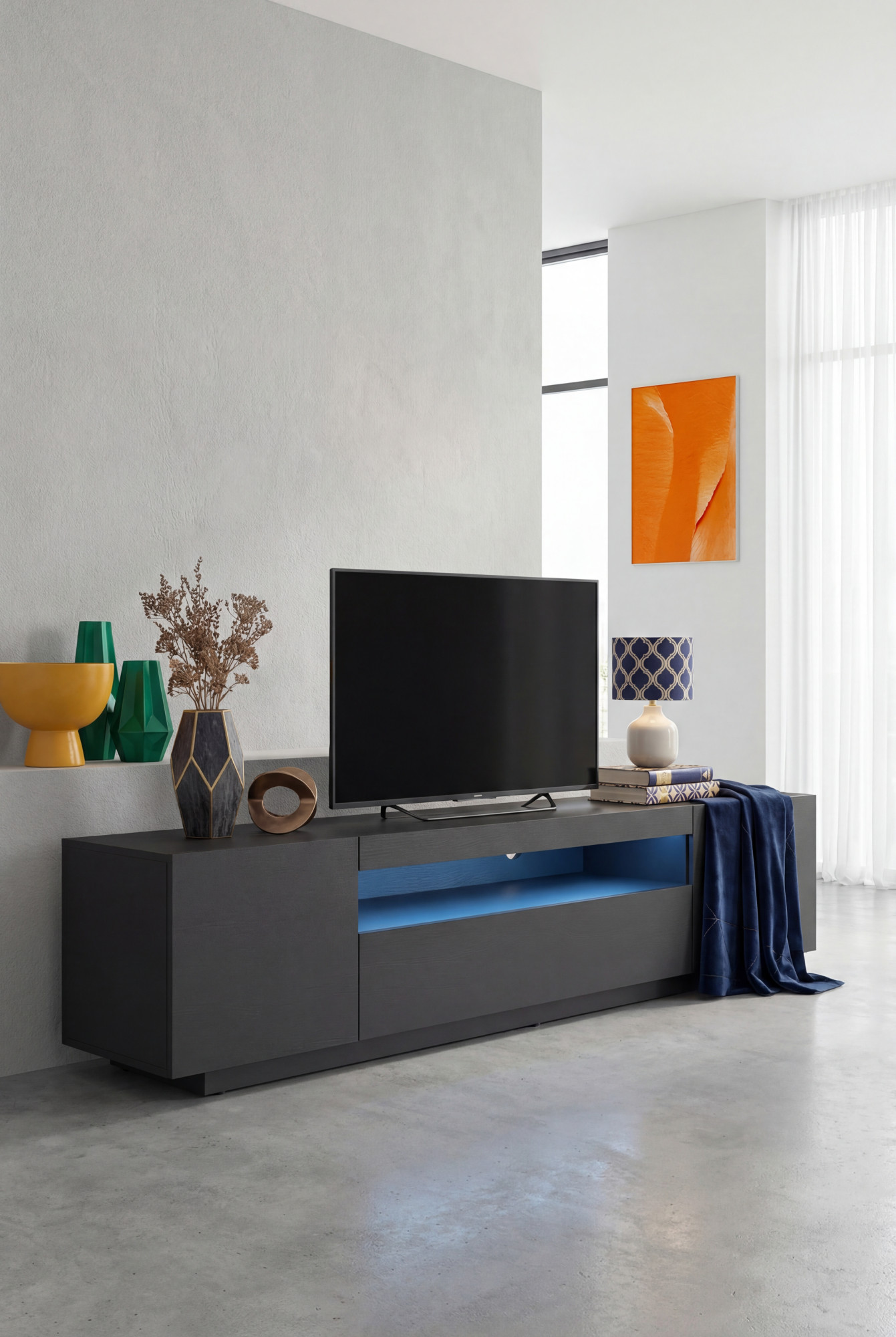 Salon z nowoczesna czarna szafką RTV Talmis 4X